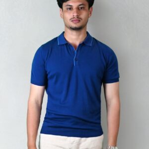 Polo Ajusté Col Boutonné En Maille Uni - Bleu Royal