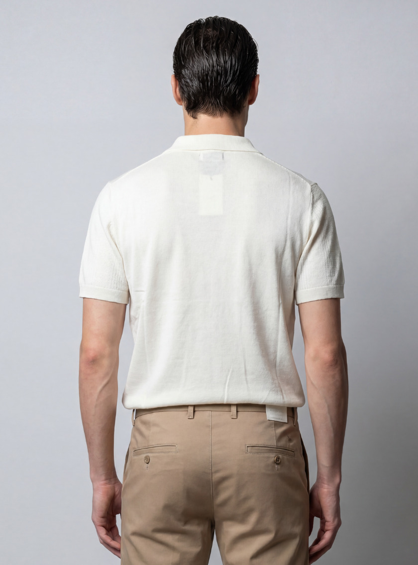Polo Ajusté à Col Boutonné en Maille Texturé - Ecru – Image 6