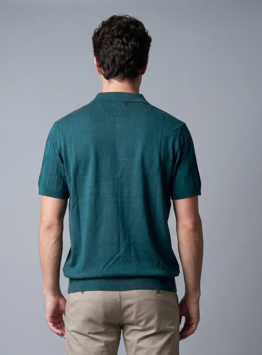 Polo Ajusté à Motif Texturé en Maille - Vert Petrole – Image 4
