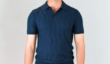 Polo Ajusté à Motif Texturé en Maille – Bleu Marine