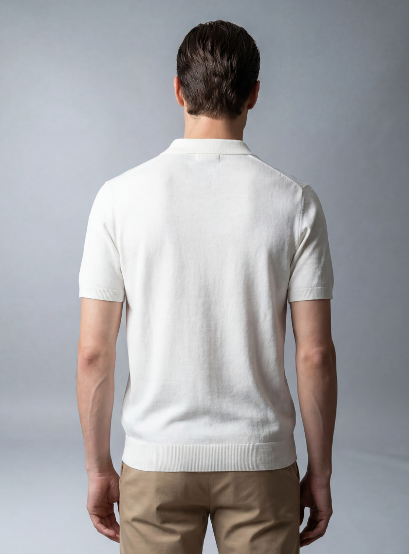 Polo Ajusté à Col Boutonné en Maille Texturé - Ecru – Image 3