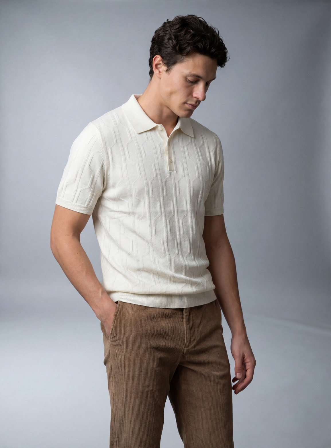 Polo Ajusté à Motif Texturé en Maille - Ecru – Image 4