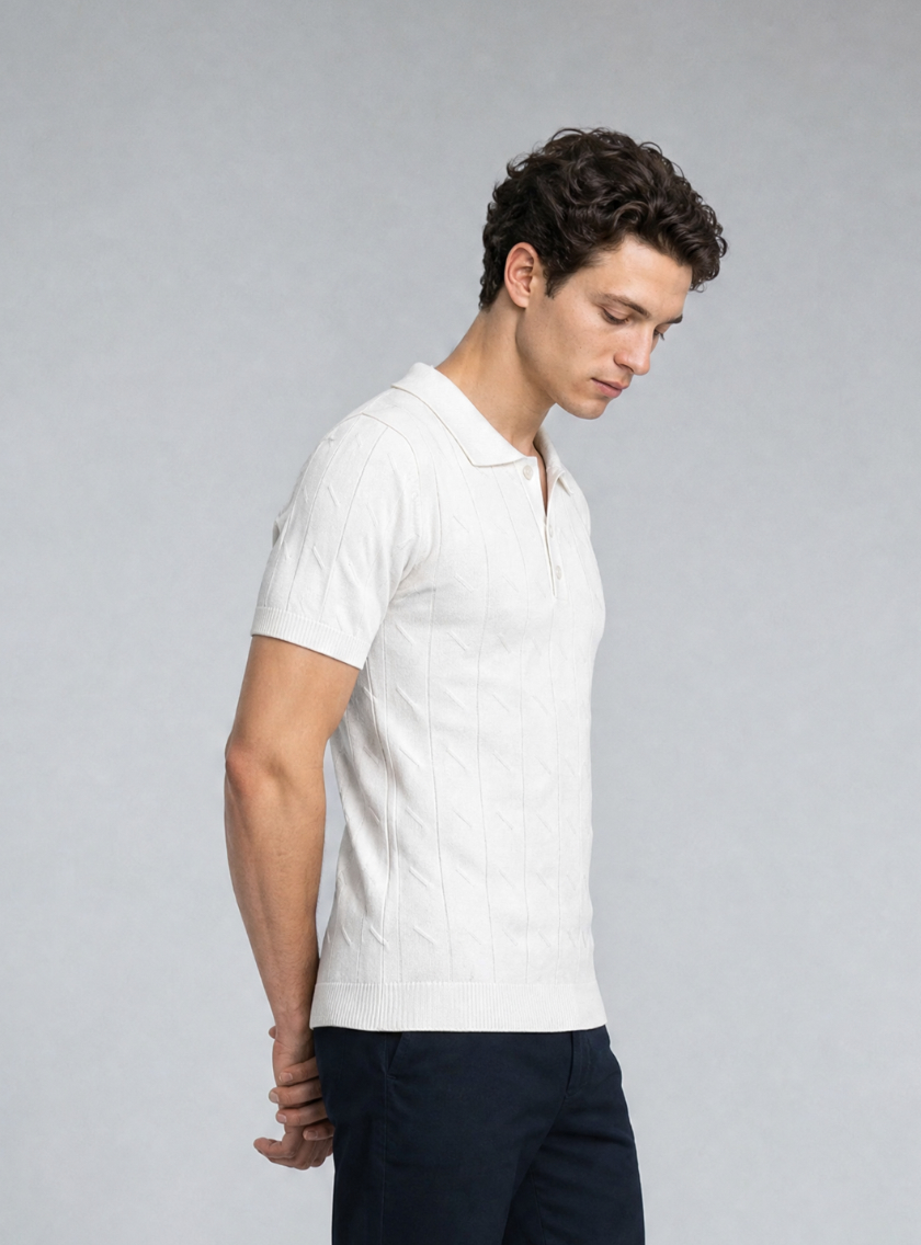 Polo Ajusté Col Boutonné Texturé en Maille - Blanc – Image 2
