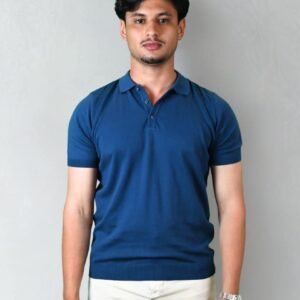 Polo Ajusté Col Boutonné En Maille Uni - Bleu
