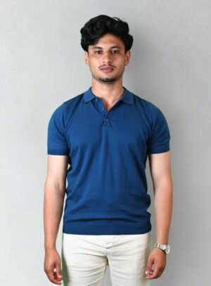 Polo Ajusté Col Boutonné En Maille Uni - Bleu