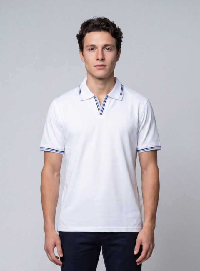Polo Ajusté À Col Ouvert En Coton - Blanc