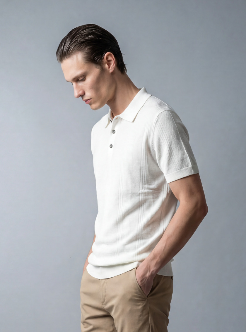 Polo Ajusté à Col Boutonné en Maille Texturé - Ecru – Image 4