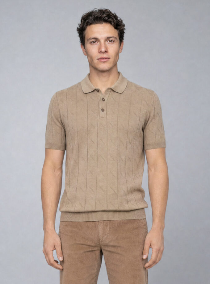 Polo Ajusté Col Boutonné Texturé en Maille - Beige