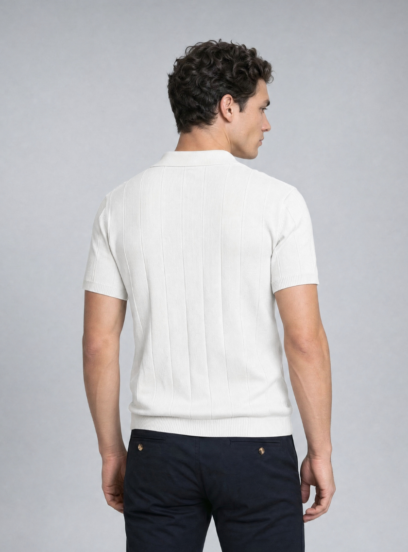 Polo Ajusté Col Boutonné Texturé en Maille - Blanc – Image 3