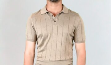 Polo Ajusté Col Boutonné Texturé en Maille – Beige