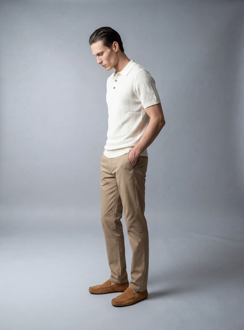 Polo Ajusté à Col Boutonné en Maille Texturé - Ecru – Image 5