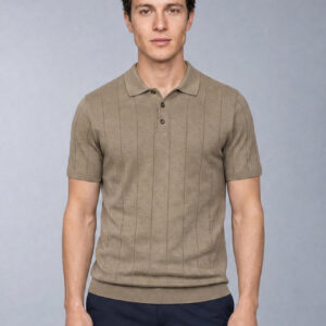 Polo Ajusté Col Boutonné Texturé en Maille - Beige