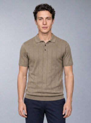 Polo Ajusté Col Boutonné Texturé en Maille - Beige