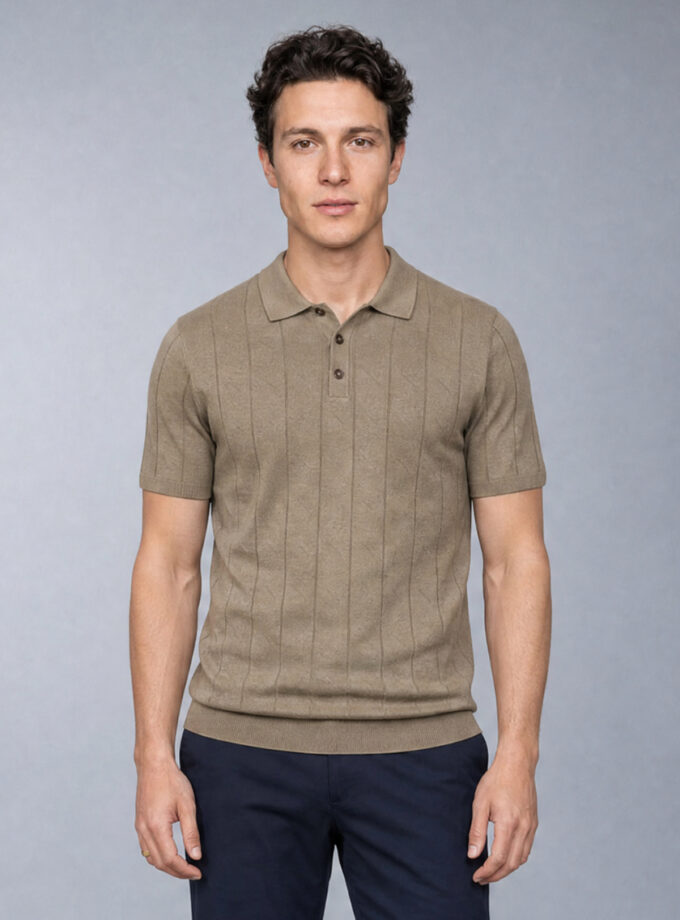 Polo Ajusté Col Boutonné Texturé en Maille - Beige
