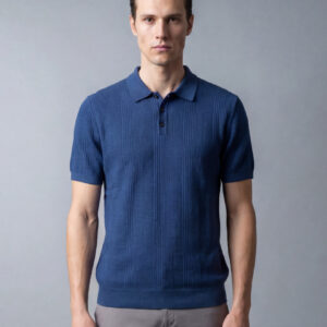 Polo Ajusté à Col Boutonné en Maille Texturé - Bleu