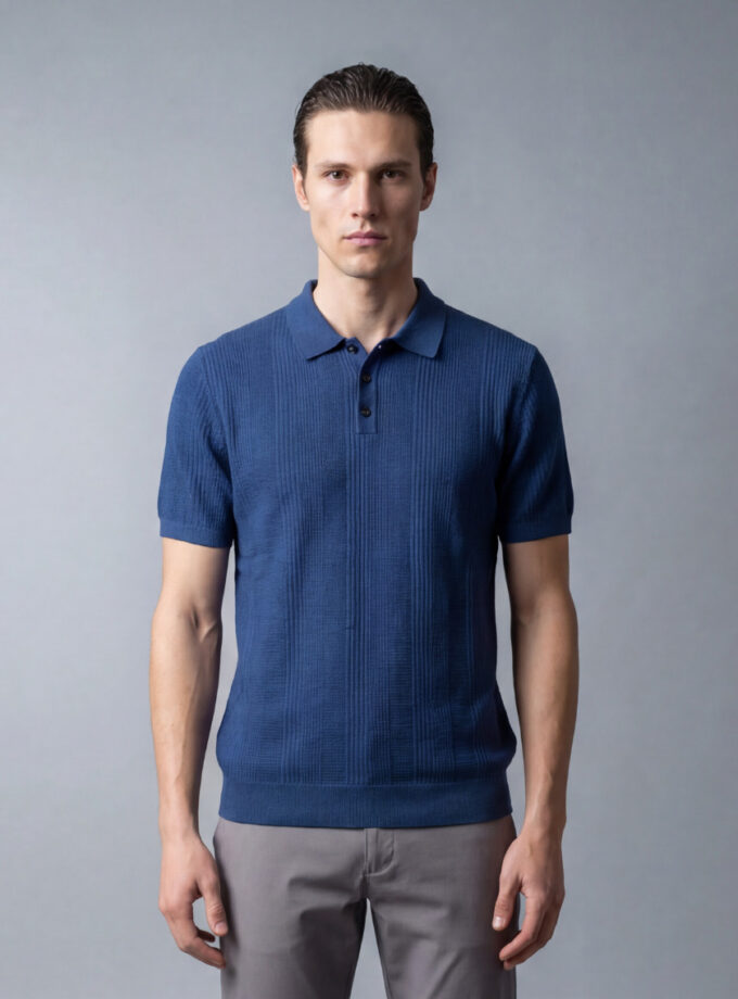 Polo Ajusté à Col Boutonné en Maille Texturé - Bleu