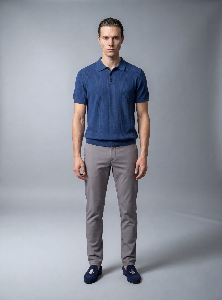 Polo Ajusté à Col Boutonné en Maille Texturé - Bleu – Image 2