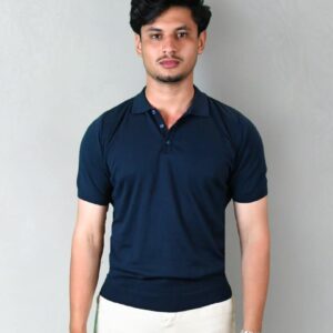 Polo Ajusté Col Boutonné En Maille Uni - Bleu Marine