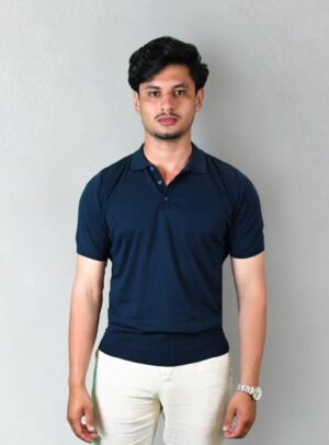 Polo Ajusté Col Boutonné En Maille Uni - Bleu Marine