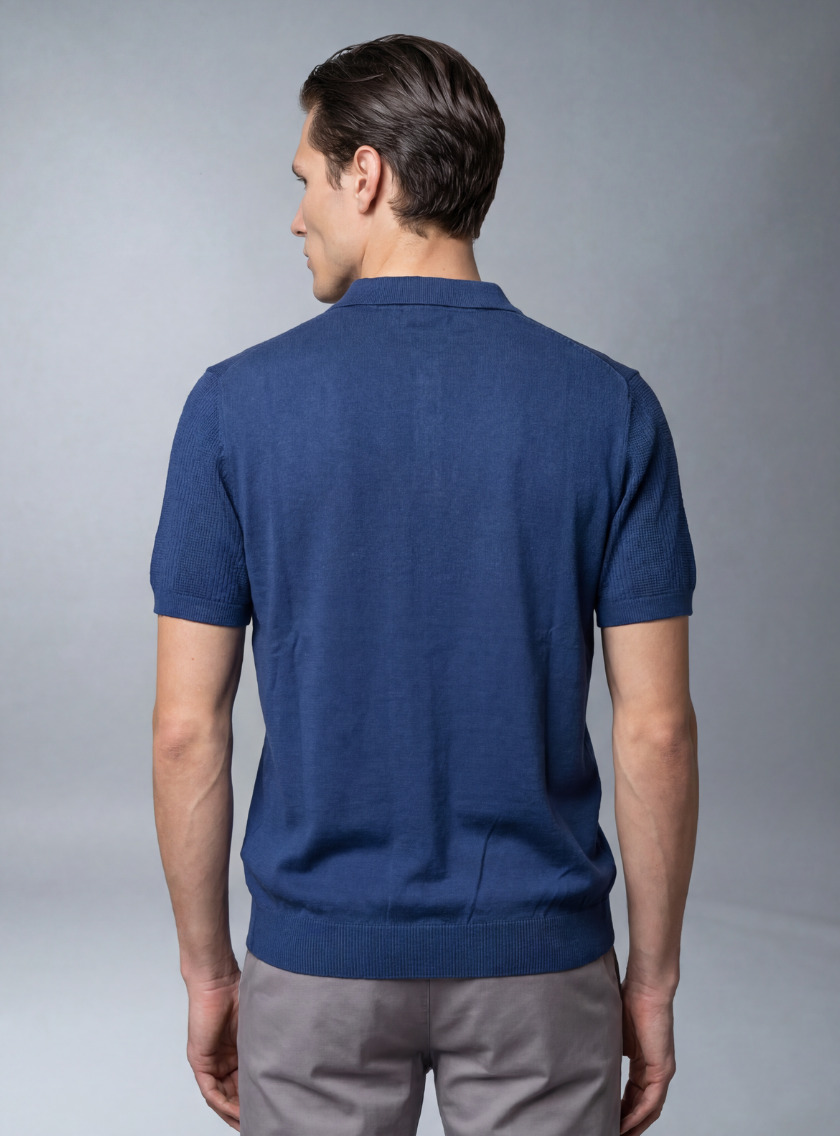 Polo Ajusté à Col Boutonné en Maille Texturé - Bleu – Image 3