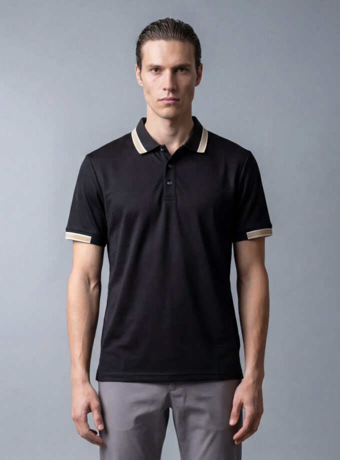 Polo Ajusté À Col Boutonné En Coton - Noir