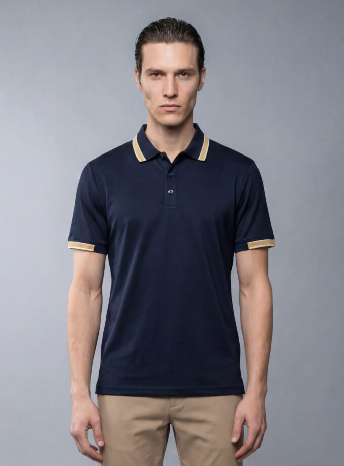 Polo Ajusté À Col Boutonné En Coton - Bleu Marine