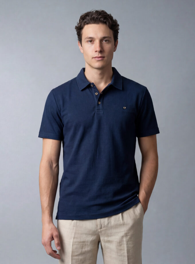 Polo Ajusté À Poche Boutonnée En Maille - Bleu Marine