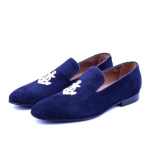 Mocassin Slipper En Daim Brodée - Bleu Marine
