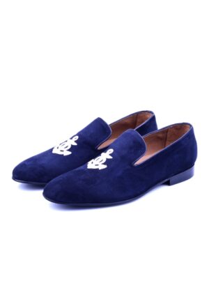 Mocassin Slipper En Daim Brodée - Bleu Marine