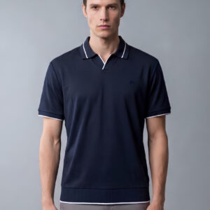 Polo Ajusté À Col Ouvert Finition Côtelée - Bleu Marine