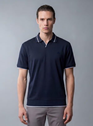 Polo Ajusté À Col Ouvert Finition Côtelée - Bleu Marine