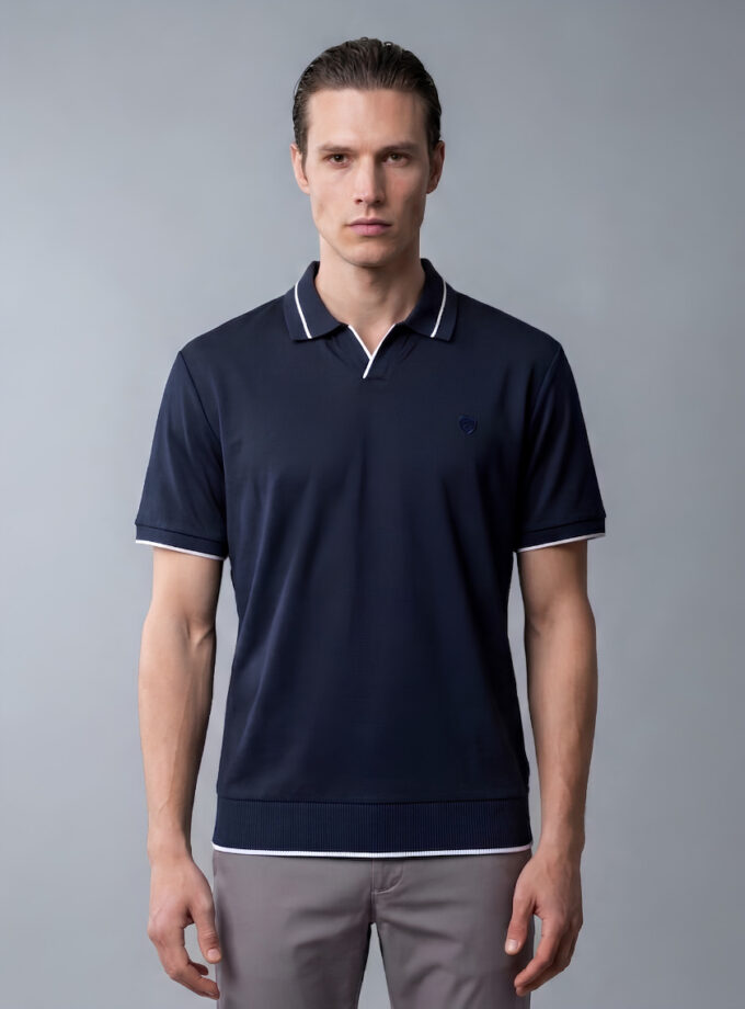 Polo Ajusté À Col Ouvert Finition Côtelée - Bleu Marine