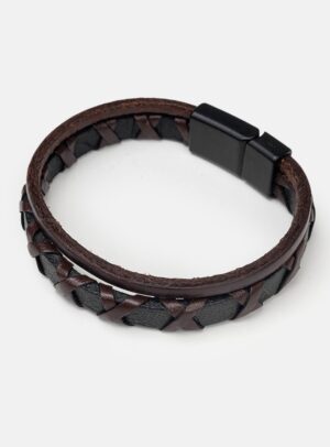 Bracelet Entrelacé En Cuir - Noir / Tabac