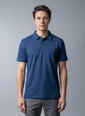 Polo Ajusté À Poche Boutonnée En Maille - Bleu