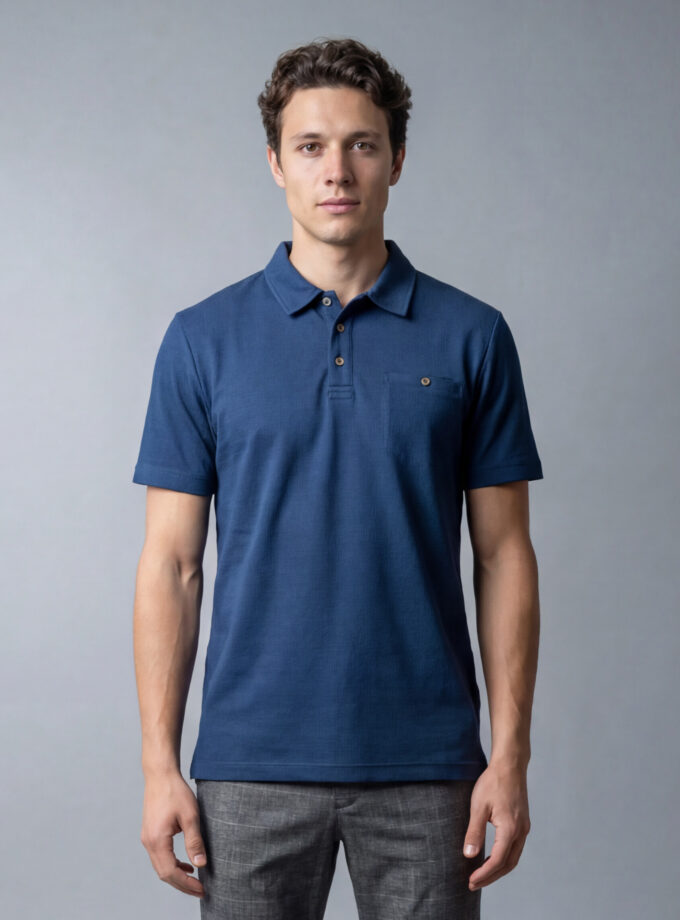 Polo Ajusté À Poche Boutonnée En Maille - Bleu
