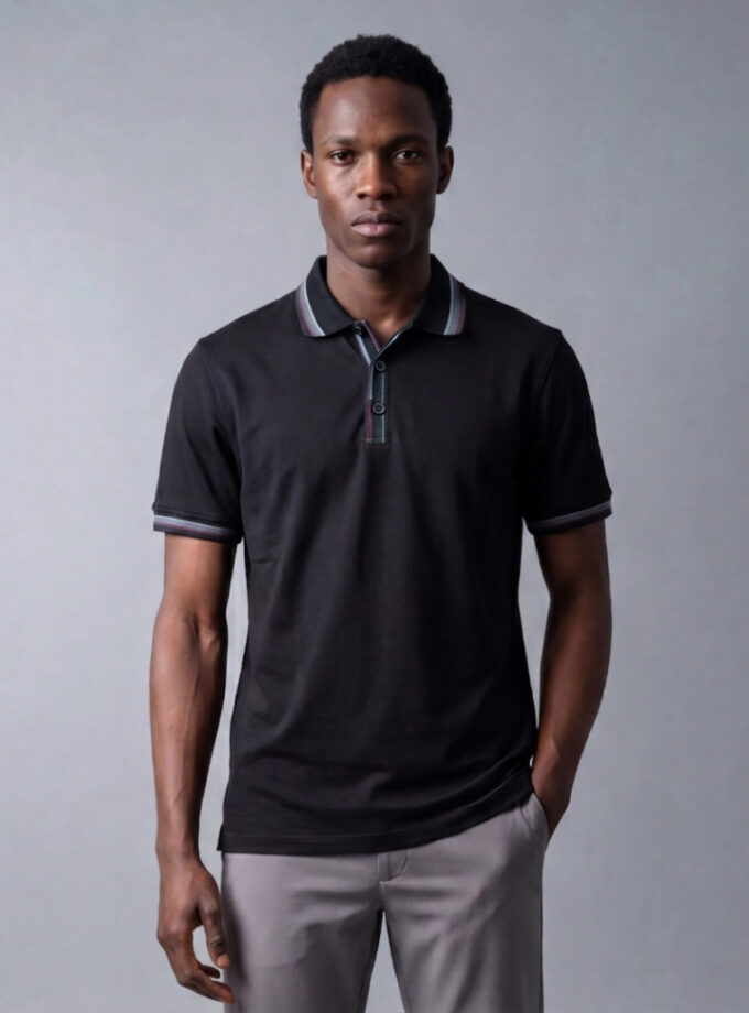 Polo Ajusté À Col Boutonné En Coton - Noir