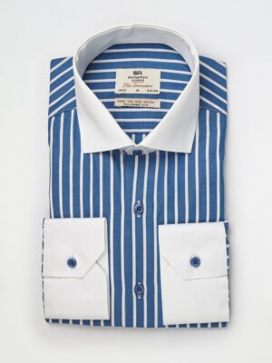 Chemise Ajustée rayé Col Blanc Poignet Blanc - Bleu Royale