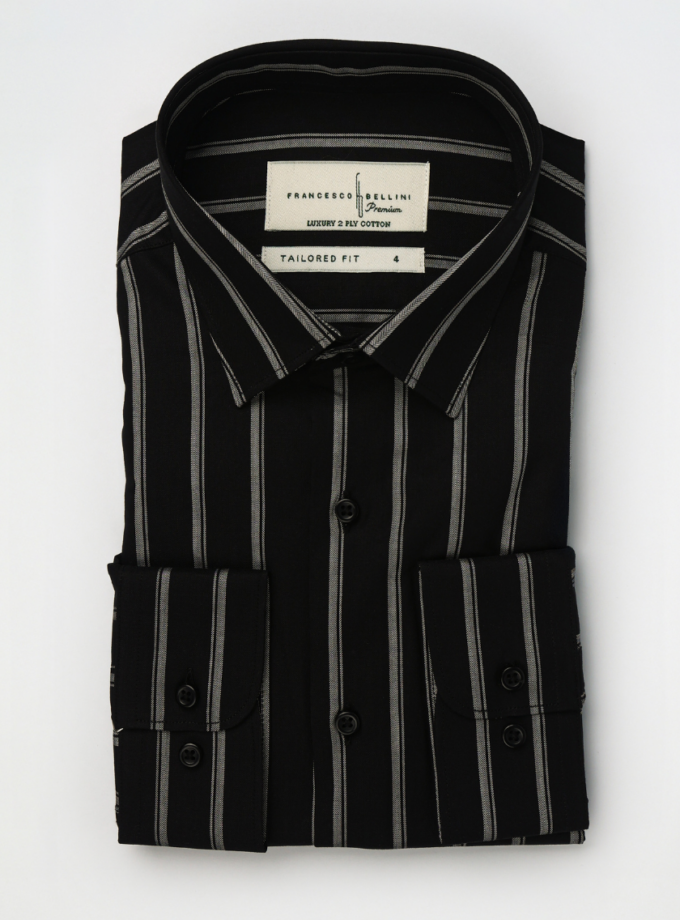 Chemise Ajustée à Rayures Contrastées - Noir