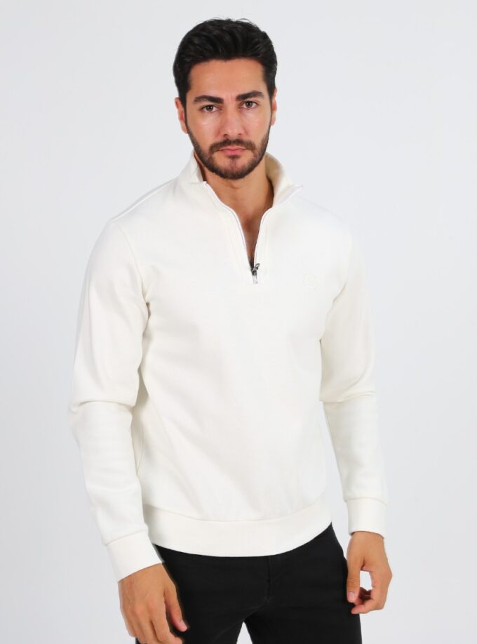 Sweatshirt Ajusté Col Chemisier - Crème