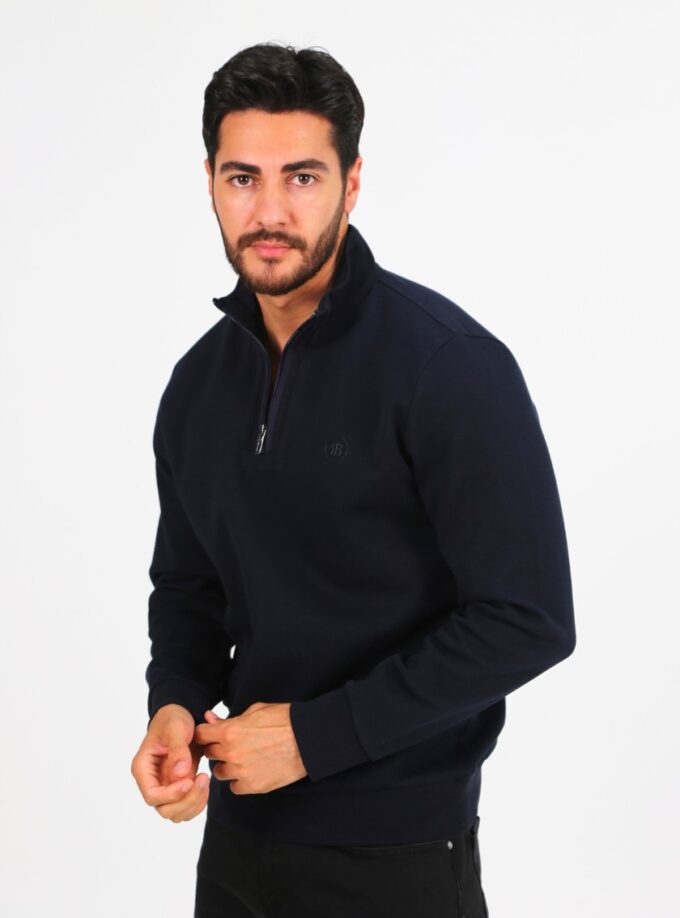 Sweatshirt Ajusté Col Chemisier - Bleu Marine