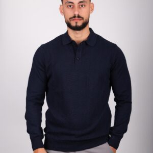 Pull Col Polo Boutonné Fantaisie - Bleu Marine