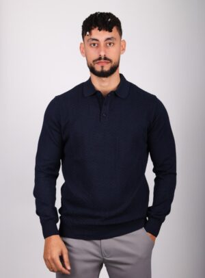 Pull Col Polo Boutonné Fantaisie - Bleu Marine