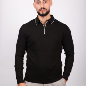 Pull Ajusté Col Polo Zippé - Noir