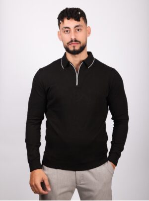 Pull Ajusté Col Polo Zippé - Noir