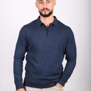 Pull Ajusté Col Polo Zippé - Bleu Marine