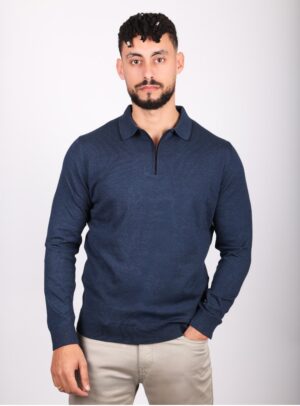 Pull Ajusté Col Polo Zippé - Bleu Marine