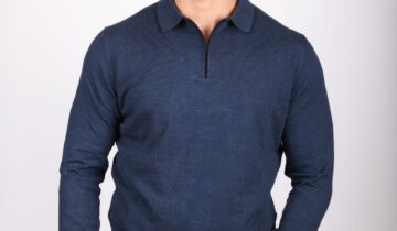 Pull Ajusté Col Polo Zippé – Bleu Marine
