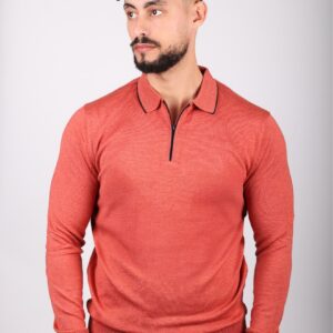 Pull Ajusté Col Polo Zippé - Brique