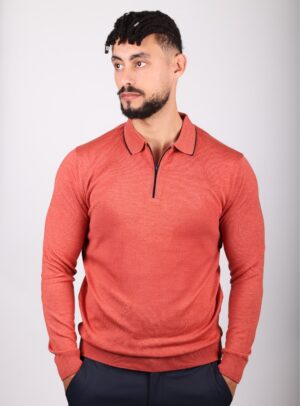 Pull Ajusté Col Polo Zippé - Brique