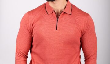 Pull Ajusté Col Polo Zippé – Brique
